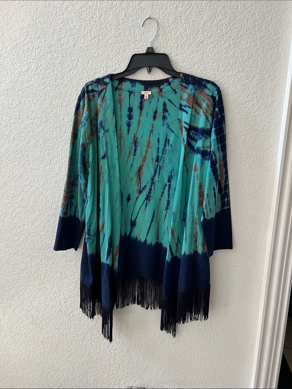Reba Teal Navy Fringe Tie-Dye Open Cardigan